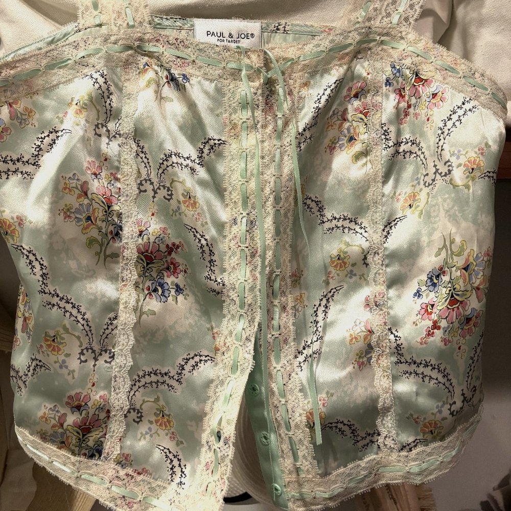 Paul & Joe For Target Foral Silk Corset Style Snap Button Lace Trim Tank Sz XS